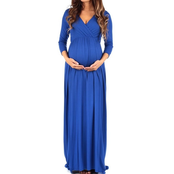 MATERNITY AAMILIFE Maternity V-Neck Long Sleeve Ruched Waist Dress - Picture 1 of 12